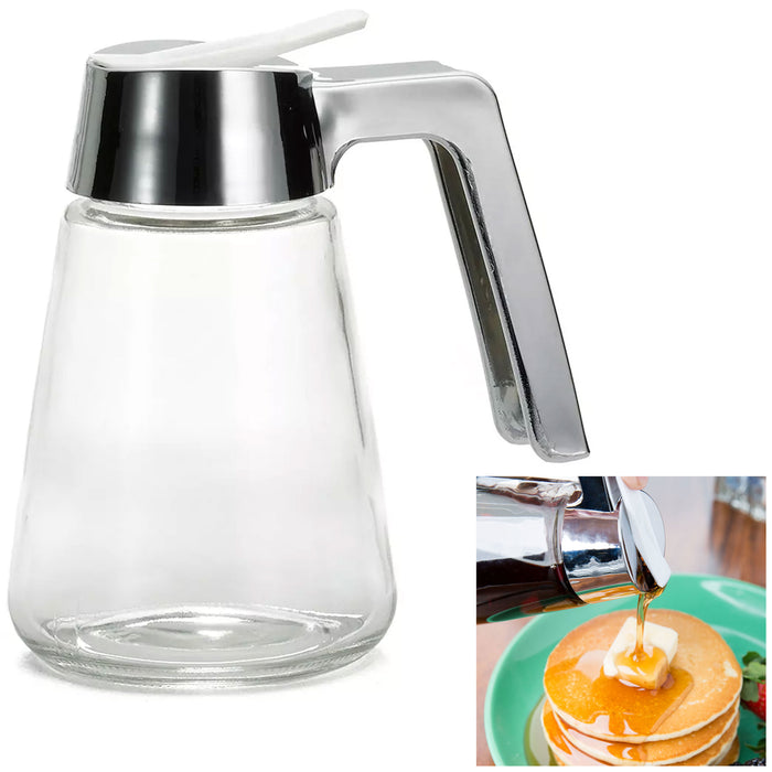 1 Maple Syrup Honey Dispenser 12 oz Medium Clear Glass Jar Press Lid Tabletop