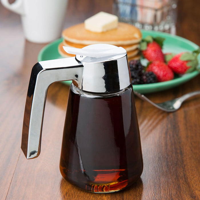 1 Maple Syrup Honey Dispenser 12 oz Medium Clear Glass Jar Press Lid Tabletop