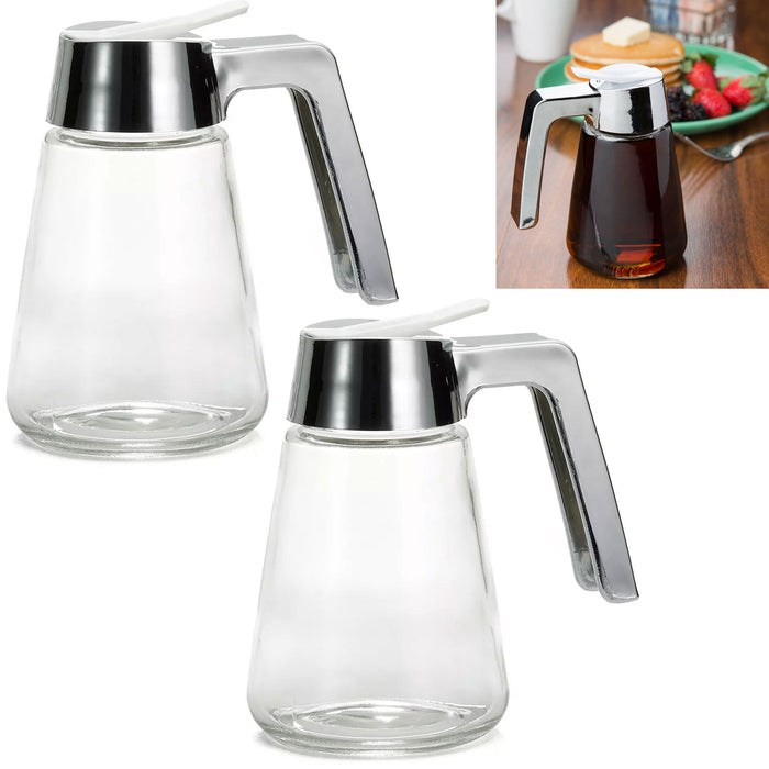 2- 12Oz Glass Syrup Dispenser Honey Maple Jar Dressing Creamer Sugar Clear Glass