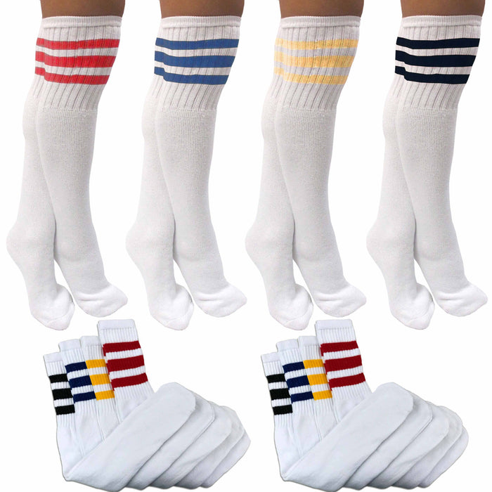 8 Pairs Knee High Tube Socks Assorted Color Stripes Long 24" Soccer Sports 13-15