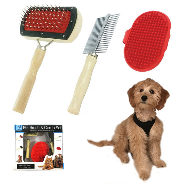 3PC Pet Brush Set Groom Tangled Hair Shampoo Dogs Cats All Type Wet Dry Shedding