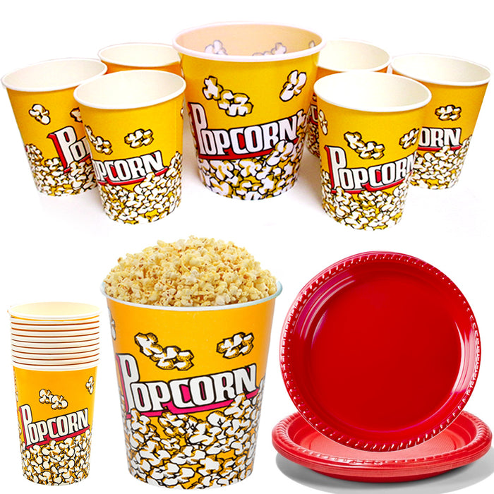 22 Pc Paper Popcorn Bowl Plastic Tub Container Movie Party Favor Theater Buckets