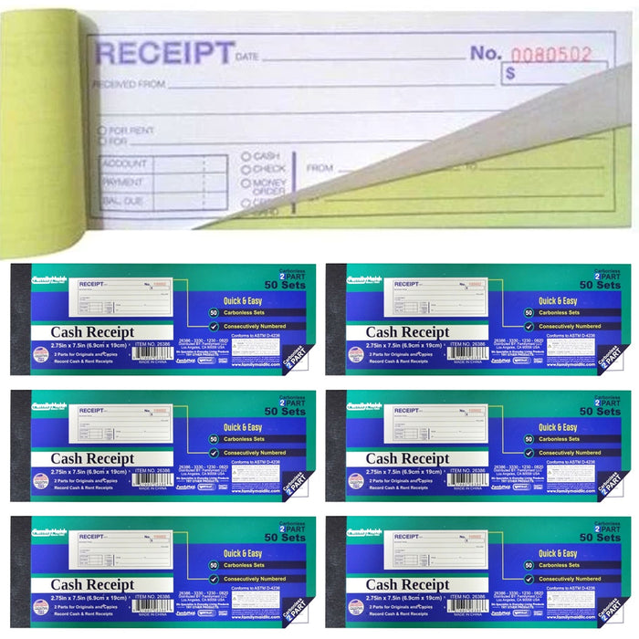 6 X Cash Money Carbonless Receipt Book Sheets Records Copy Sheet 2 Part 50 Sets