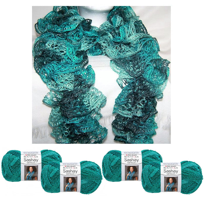 4 X Yarn Crochet Knitted Scarf Malachite Metallic Green Teal Sashay Knit Aqua