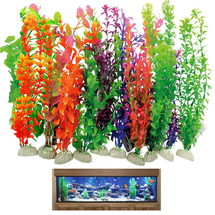 12 Pc Aquarium Fish Tank Ornament Plastic Plants Lush Green 14-inch Tall Large