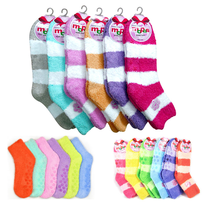 6 Pairs Plush Soft Socks 6-8 Ladies Girls No Skid Stripe Solid Winter ...