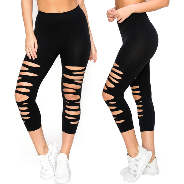 2 Pc Ladies Sexy Cut Out Capri Leggings Ripped Slit One Size