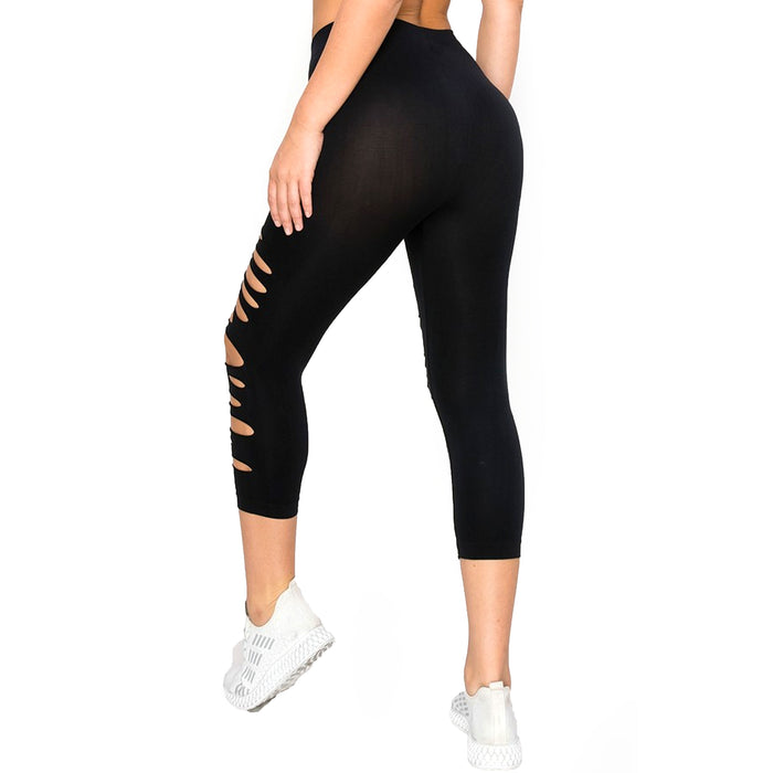Women Seamless Capri Leggings Ripped Slit One Size Stretch Pant Basic Yoga Black