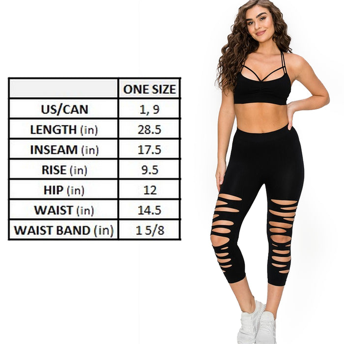 Women Seamless Capri Leggings Ripped Slit One Size Stretch Pant Basic Yoga Black