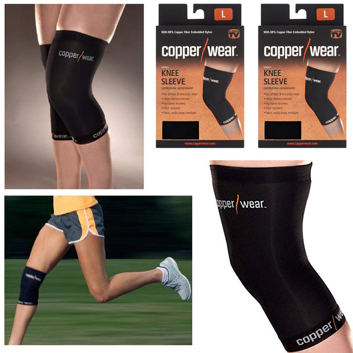 2 Pc Copper Knee Sleeve Support Brace Patella Soft Wrap Sports Black Size Large