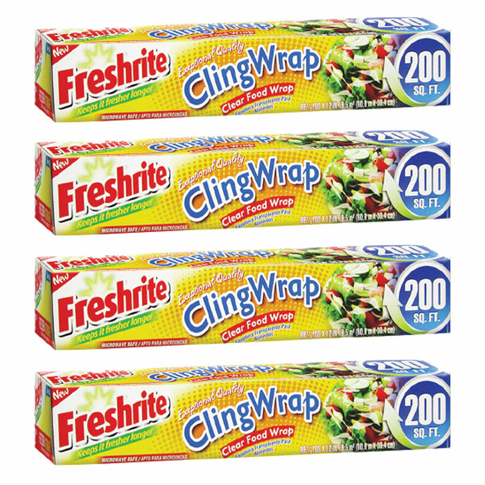 4 Pk Stretch Film Cling Wrap Fresh Food Cover Clear Non-Toxic Plastic 800 SQ FT