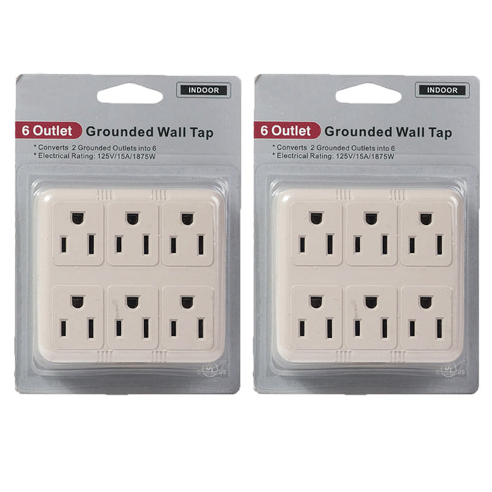 2Pc Grounded Wall Outlet Tap AC 125V Power Adapter Electrical 6 Way Plug Charger