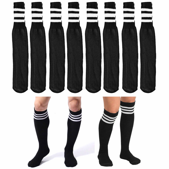 8 Pairs Black Tube Socks White Striped 24" Long Old School Cotton Athletic 10-15