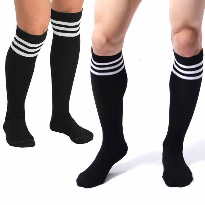 8 Pairs Black Tube Socks White Striped 24" Long Old School Cotton Athletic 10-15