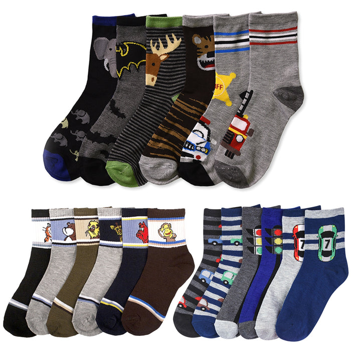 6 Pairs Kids Boys Design Crew Socks Size 6-8 Animal Prints Novelty Wholesale New