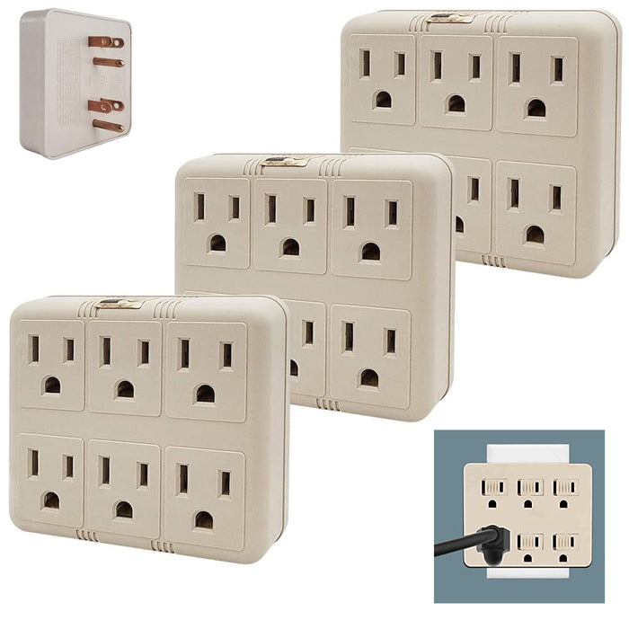 3Pc Grounded Wall Outlet Tap AC 125V Power Adapter Charger Electrical 6 Way Plug