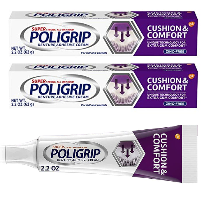 2 Pk Poligrip Denture Adhesive Cream 2.2 Oz Gum Comfort Strong Bonding Zinc Free
