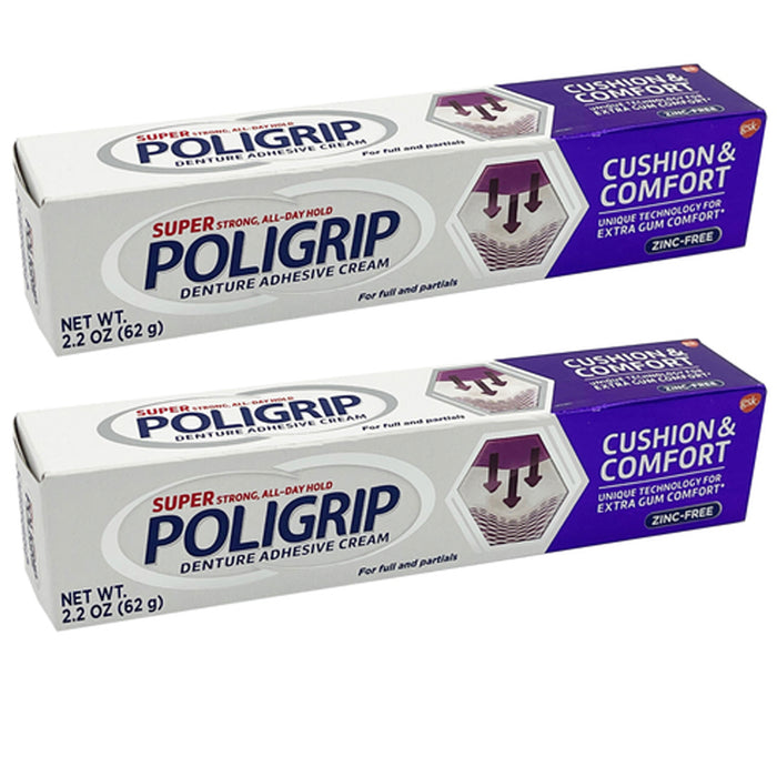 2 Pk Poligrip Denture Adhesive Cream 2.2 Oz Gum Comfort Strong Bonding Zinc Free