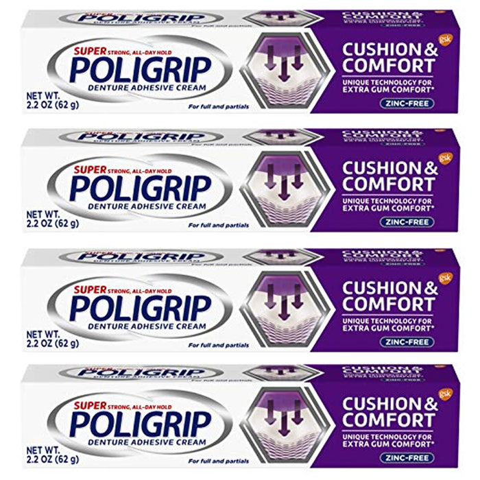 4 Pk Super Poligrip Cushion Gum Comfort Adhesive Cream Denture Retention 2.2 Oz