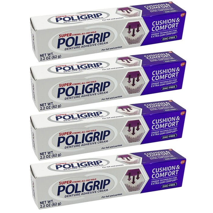 4 Pk Super Poligrip Cushion Gum Comfort Adhesive Cream Denture Retention 2.2 Oz
