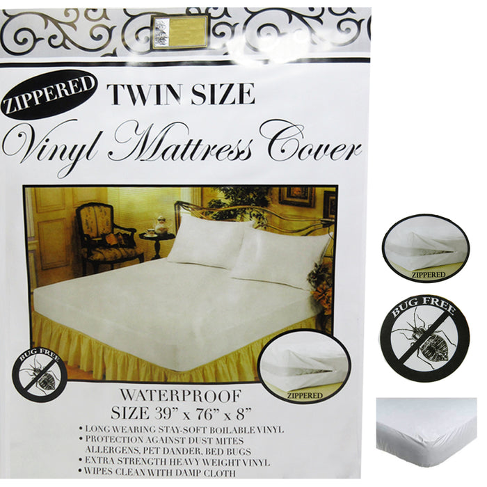 Twin Size Mattress Cover Vinyl Waterproof Zippered Blocks Allergy Bugs Dust Mite