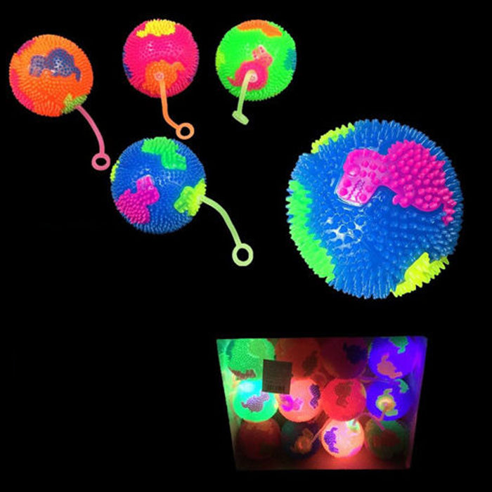 12 Pc Flashing LED Spiky Yoyo Ball Light Up Toy Squeak Dino Kids Fun Party Gifts