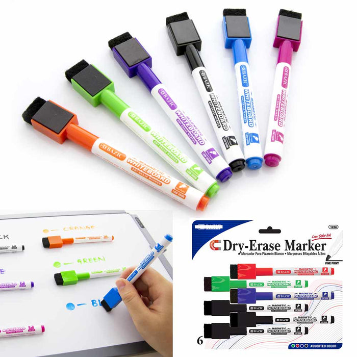 6 Pc Dry Erase Whiteboard Markers Assorted Colors Eraser Office School Low Odor