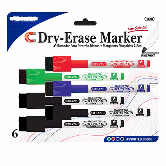 6 Pc Dry Erase Whiteboard Markers Assorted Colors Eraser Office School Low Odor