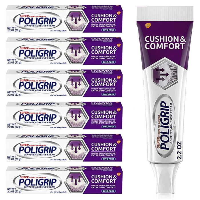 6 Poligrip Denture Adhesive Cream 2.2 Oz Gum Comfort Strong Hold Bond Zinc Free