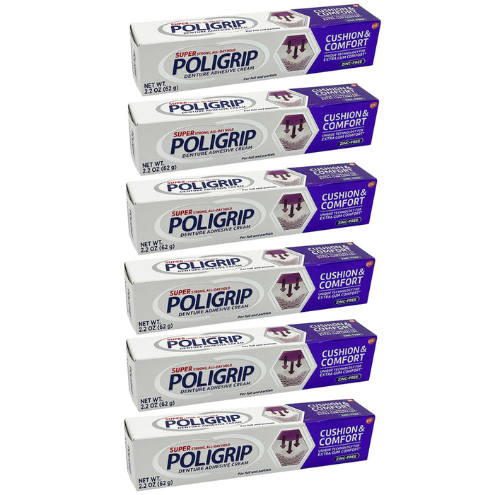 6 Poligrip Denture Adhesive Cream 2.2 Oz Gum Comfort Strong Hold Bond Zinc Free