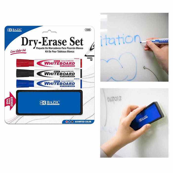 BAZIC White Board Marker 3 Assorted Color Chisel Tip Dry Erase Markers w/ Eraser