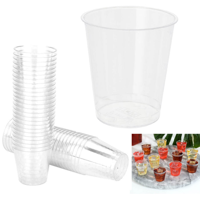 25 Clear Shot Glasses Hard Plastic Disposable Cups Wine Party Catering Bar 1.5oz
