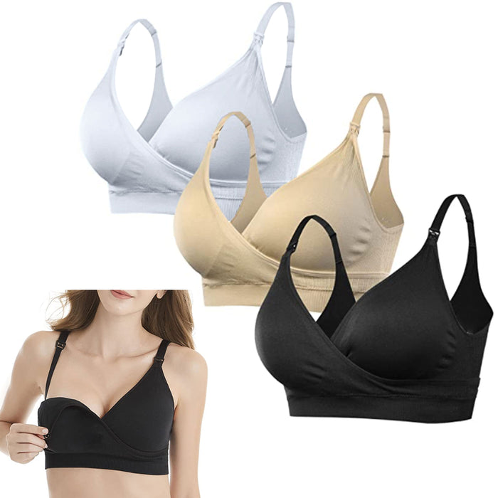 3 Nursing Bra Maternity Breastfeeding Motherhood Wire Free Black Nude Beige L-XL