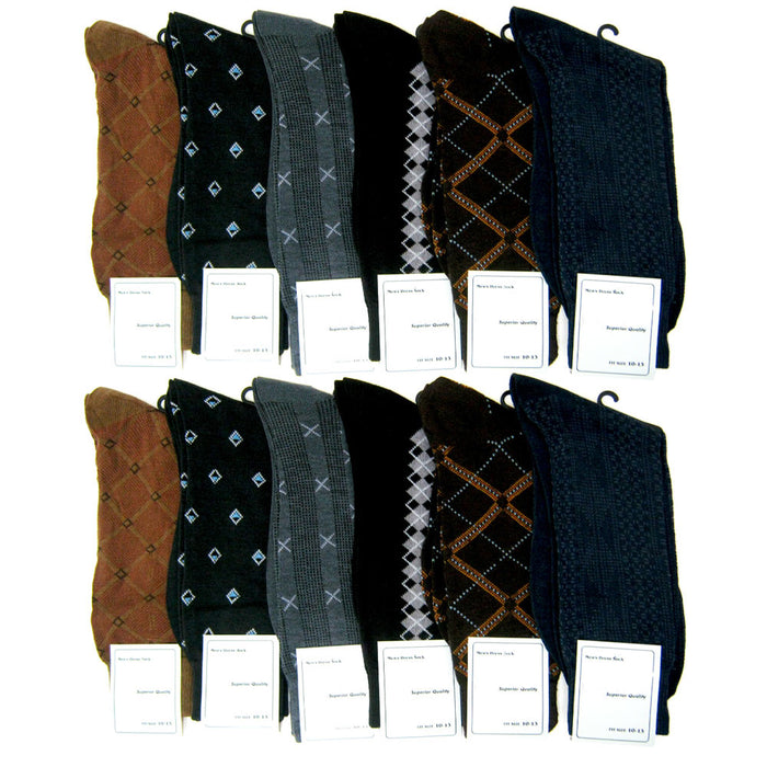12 Pairs Mens Dress Socks Variety of Pattern Size 10-13 Lightweight Stay Up Cuff