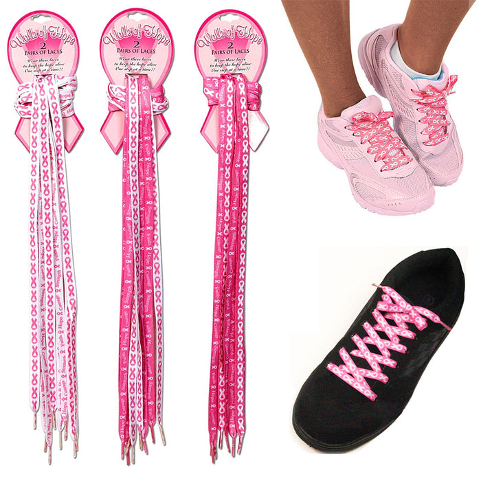 2 Pair Breast Cancer Awareness Shoe Laces Strings Pink Ribbon Hope Walk Shoelace