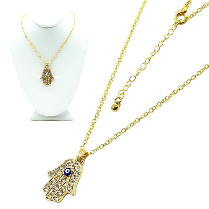 Dainty Fatima Hand Necklace Hamsa Gold Plated Crystals Evil Eye Lucky Cute Charm