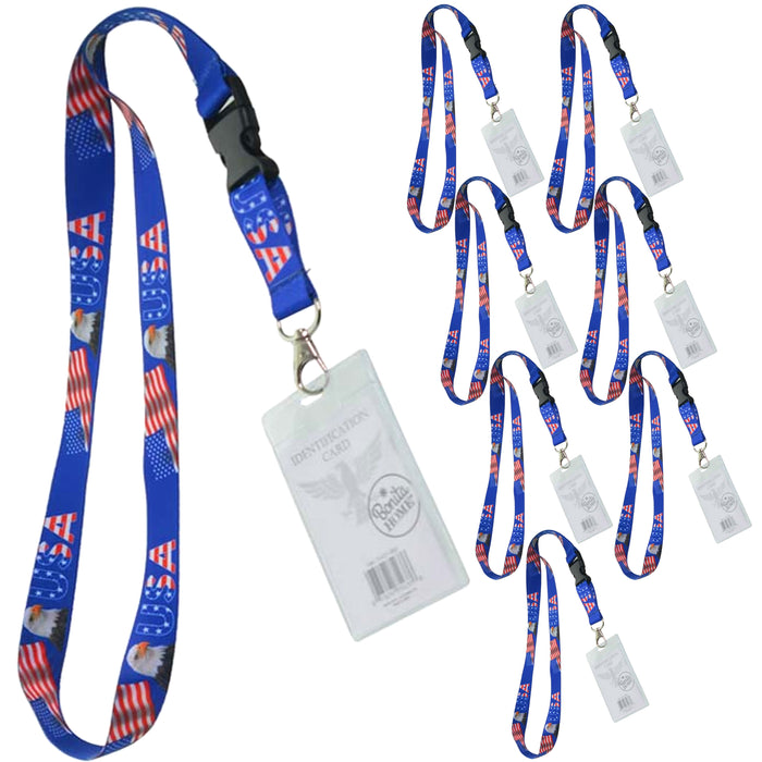 8 Pc Heavy Duty ID Name Badge Holder Lanyard USA Flag Eagle America Patriotic