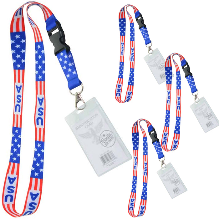 4 Pc USA Flag ID Name Badge Holder Plastic Card Case Lanyard Protector Patriotic