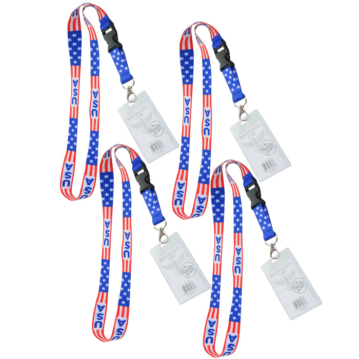 4 Pc USA Flag ID Name Badge Holder Plastic Card Case Lanyard Protector Patriotic