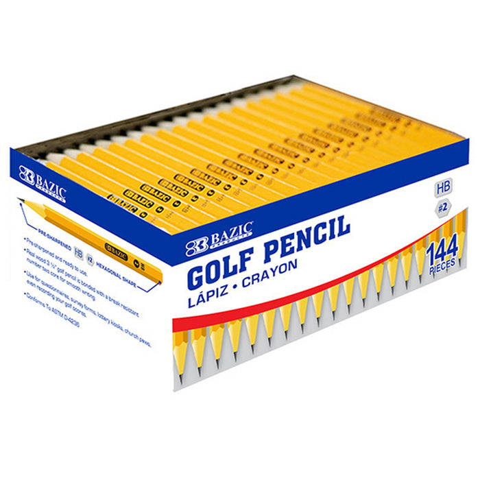 144 Pc HB Half Pencils #2 Yellow Golf Mini Small Hexagon Pre-Sharpened BAZIC