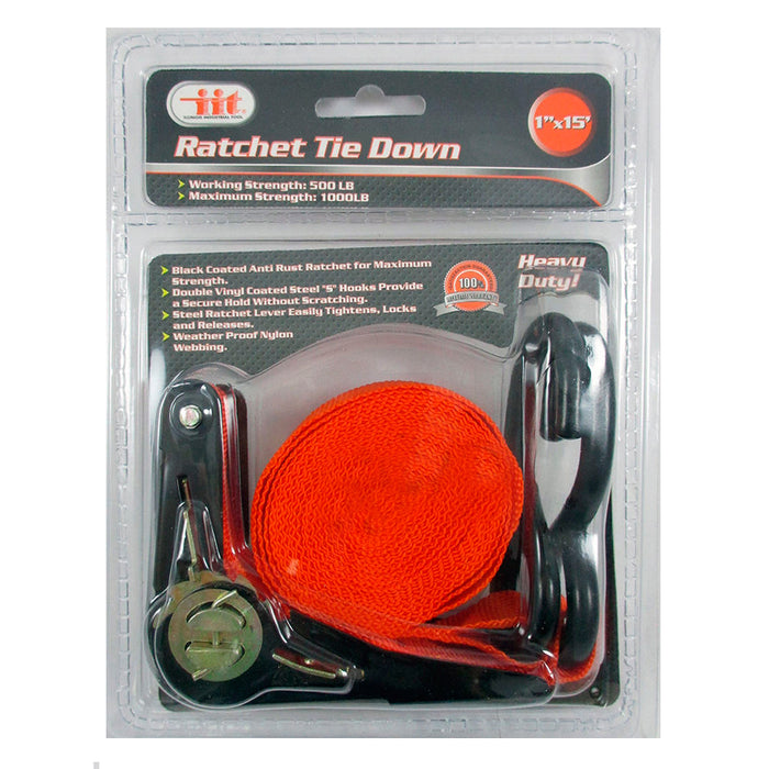 1" x 15' Ratchet Tie Down Hook 1000 Ib 1" wide nylon webbing strap Kayak Camping