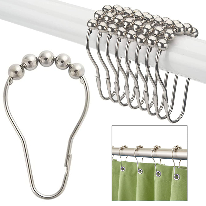 12 Glide Roller Shower Curtain Rings Hooks Clip Rod Stainless Steel Metal Balls
