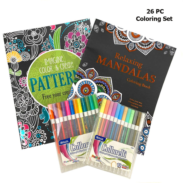 26 Pc Coloring Set Book Pens Glitter Gel Stress Relieving Mandala Drawing Adult