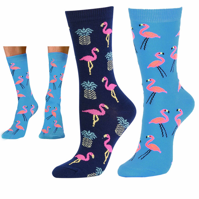 2 Pairs Women's Crew Socks Fashion Novelty Casual Flamingo Pineapple Size 9-11