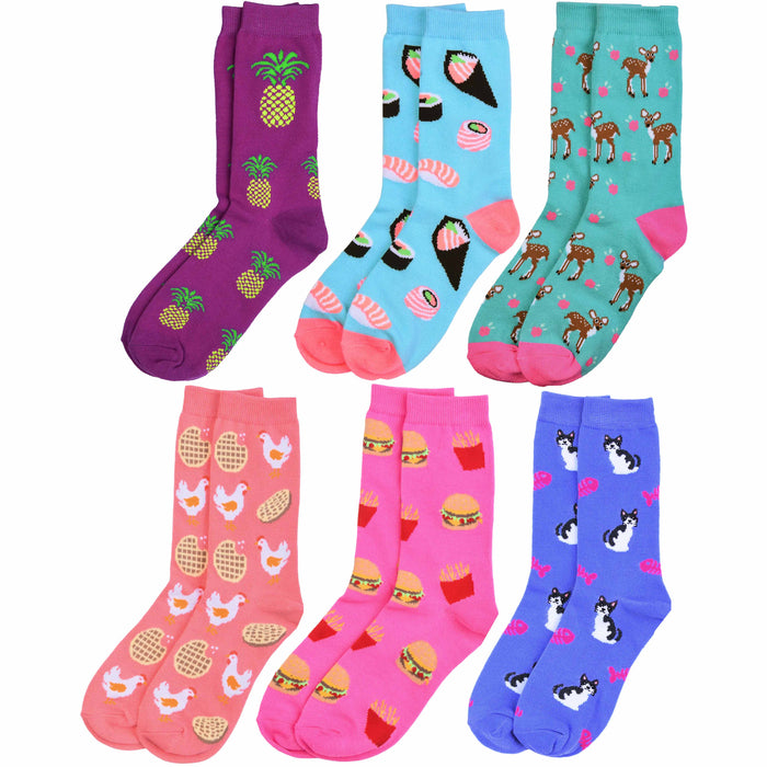 6 Pairs Women's Crew Socks Fashion Novelty Casual Food Animal Designs Size 9-11