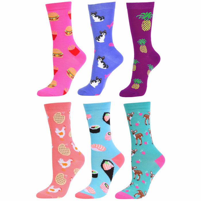 6 Pairs Women's Crew Socks Fashion Novelty Casual Food Animal Designs Size 9-11