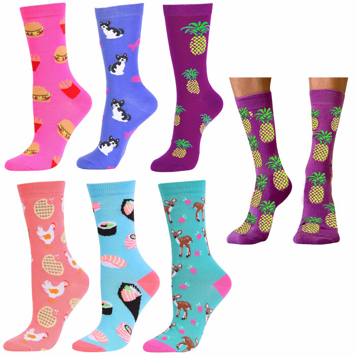 6 Pairs Women's Crew Socks Fashion Novelty Casual Food Animal Designs Size 9-11