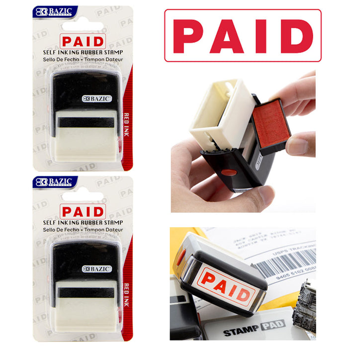 2Pc PAID Pre-Inked Rubber Stamp Red Ink Phrase Business Office Store Self Inking
