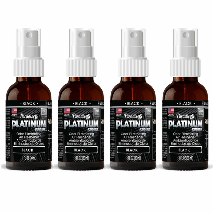 4 Paradise Platinum Air Freshener Spray Odor Eliminator Fragrance Scent Black
