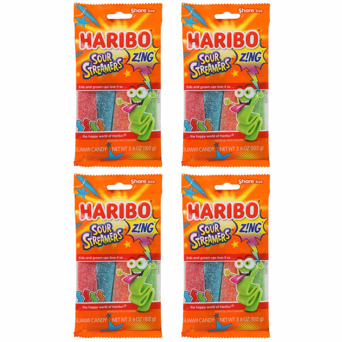 4 Bags Haribo Sour Streamers Gummi Candy Gummies Gummy Chewy Treat 3.6oz Each